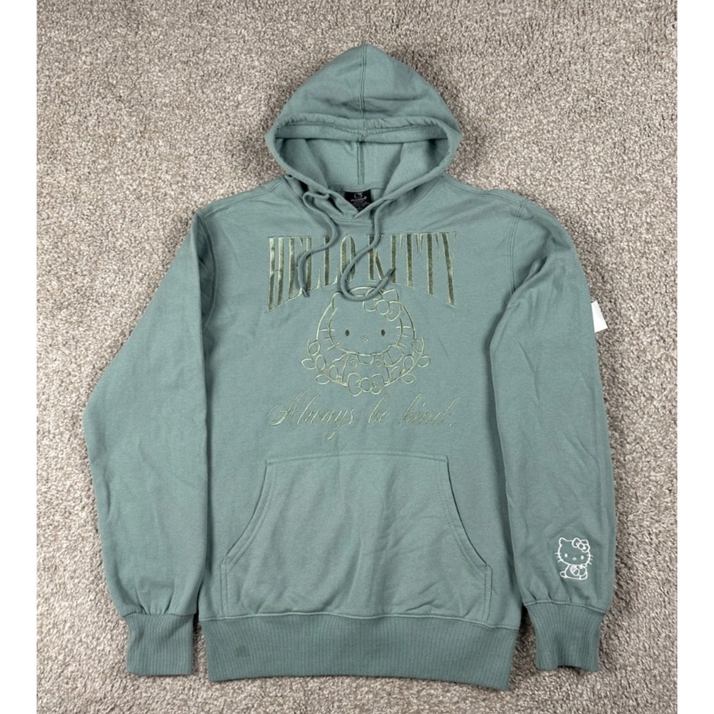 Hello Kitty Hoodie Mens Small Green Pullover Sweatshirt Embroider Always Be Kind